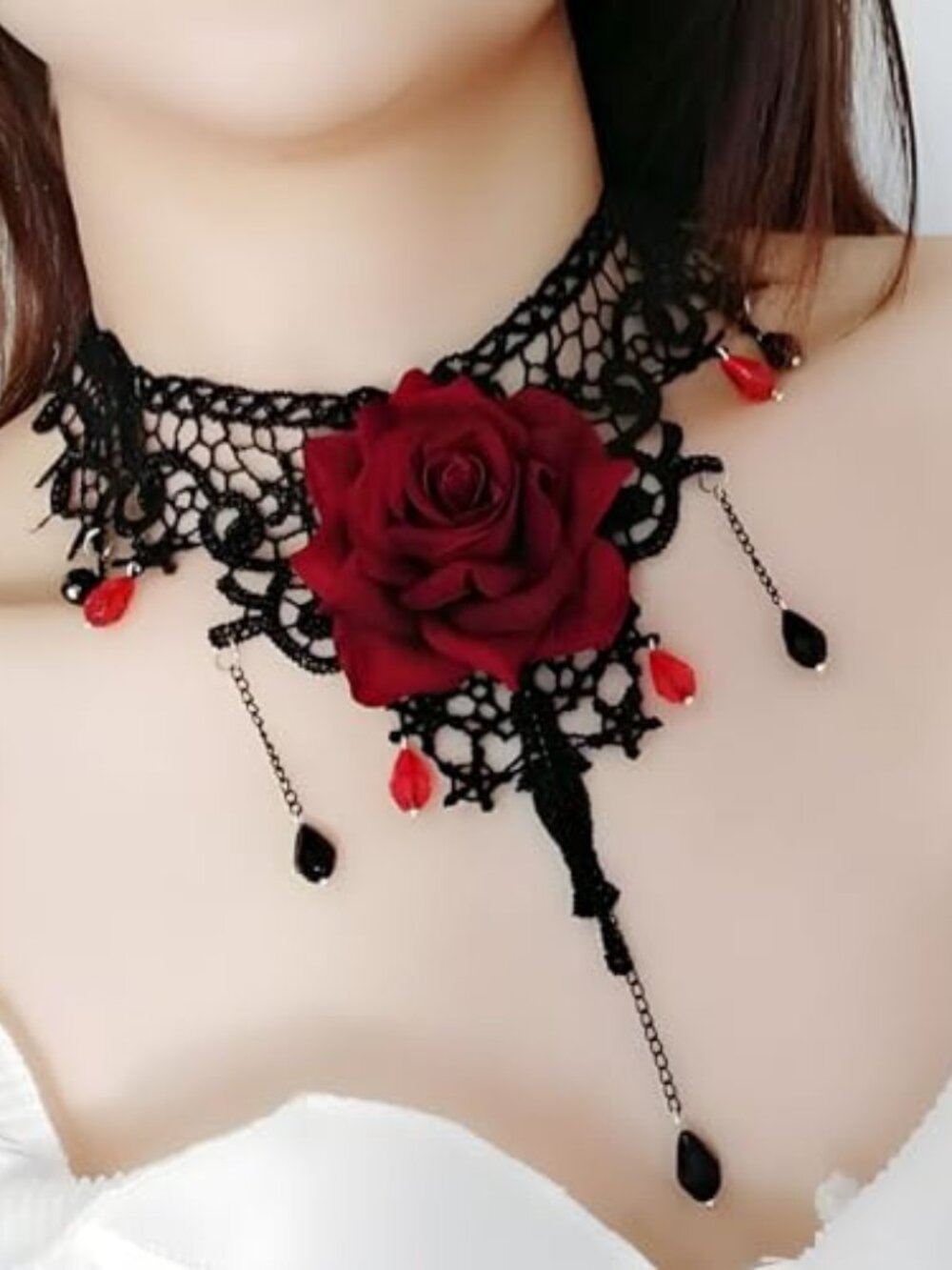 Gothic Black Lace Red Rose Flower Necklace for Women Black Lace Choker Necklace